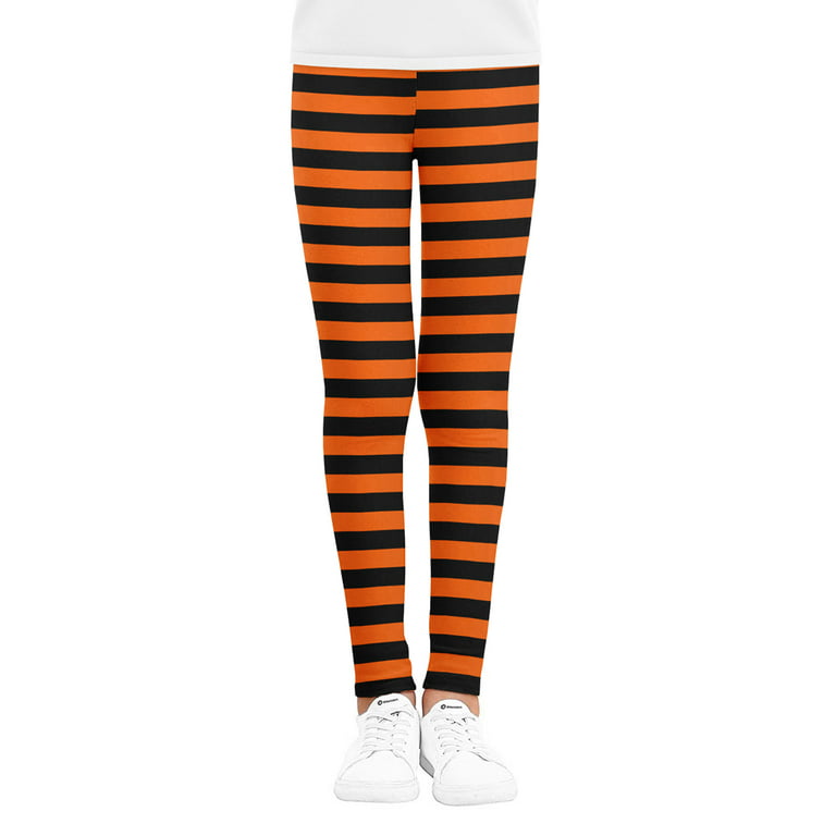 Sunisery Kids Girls Halloween Leggings Pants Color Block Stripe Print  Sports Trousers Orange Black 4-5 Years