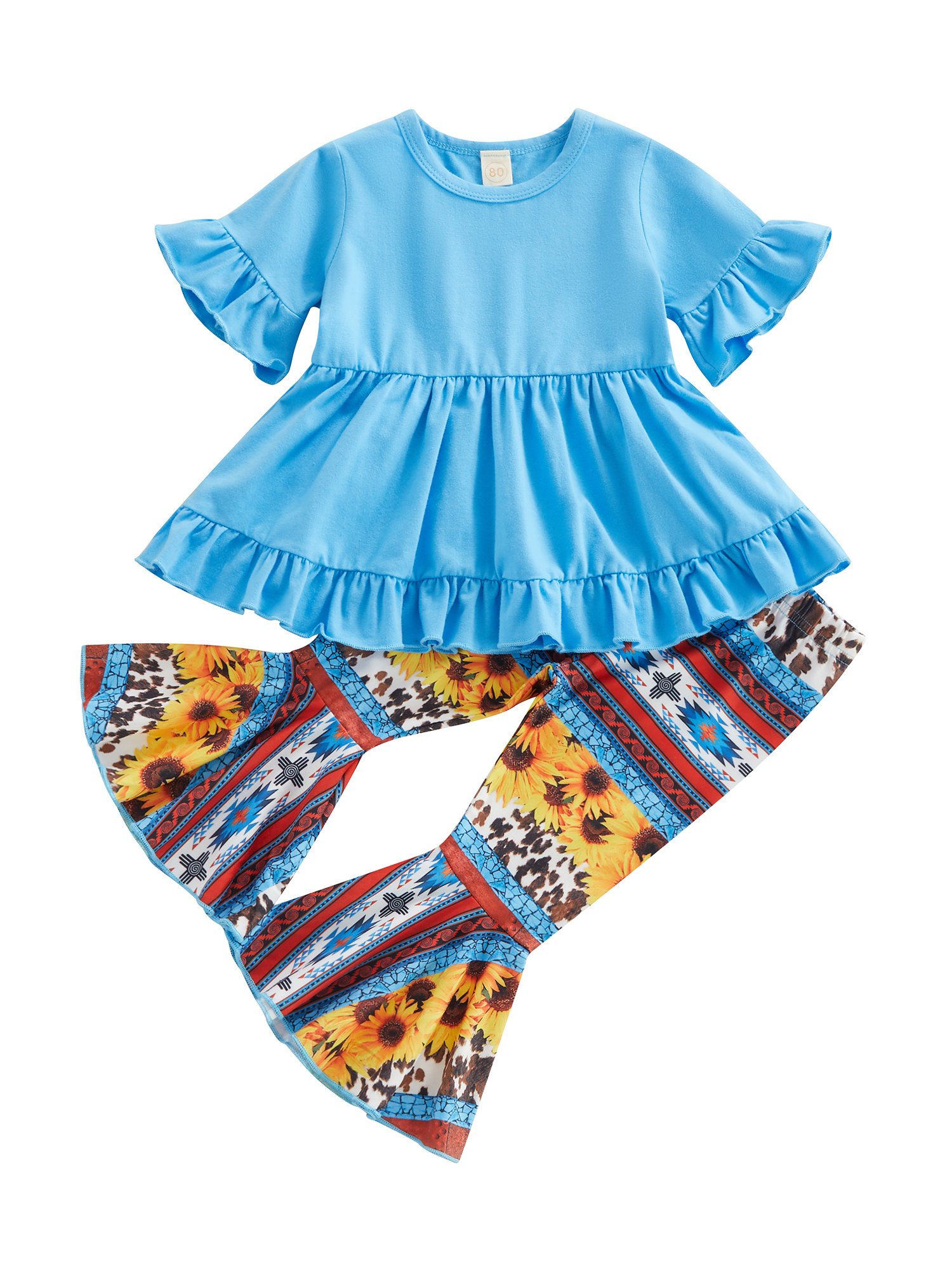 Sunisery Kids Toddler Girls Clothes Sets Short Sleeve Round Collar Ruffle Tops BellBottoms Long