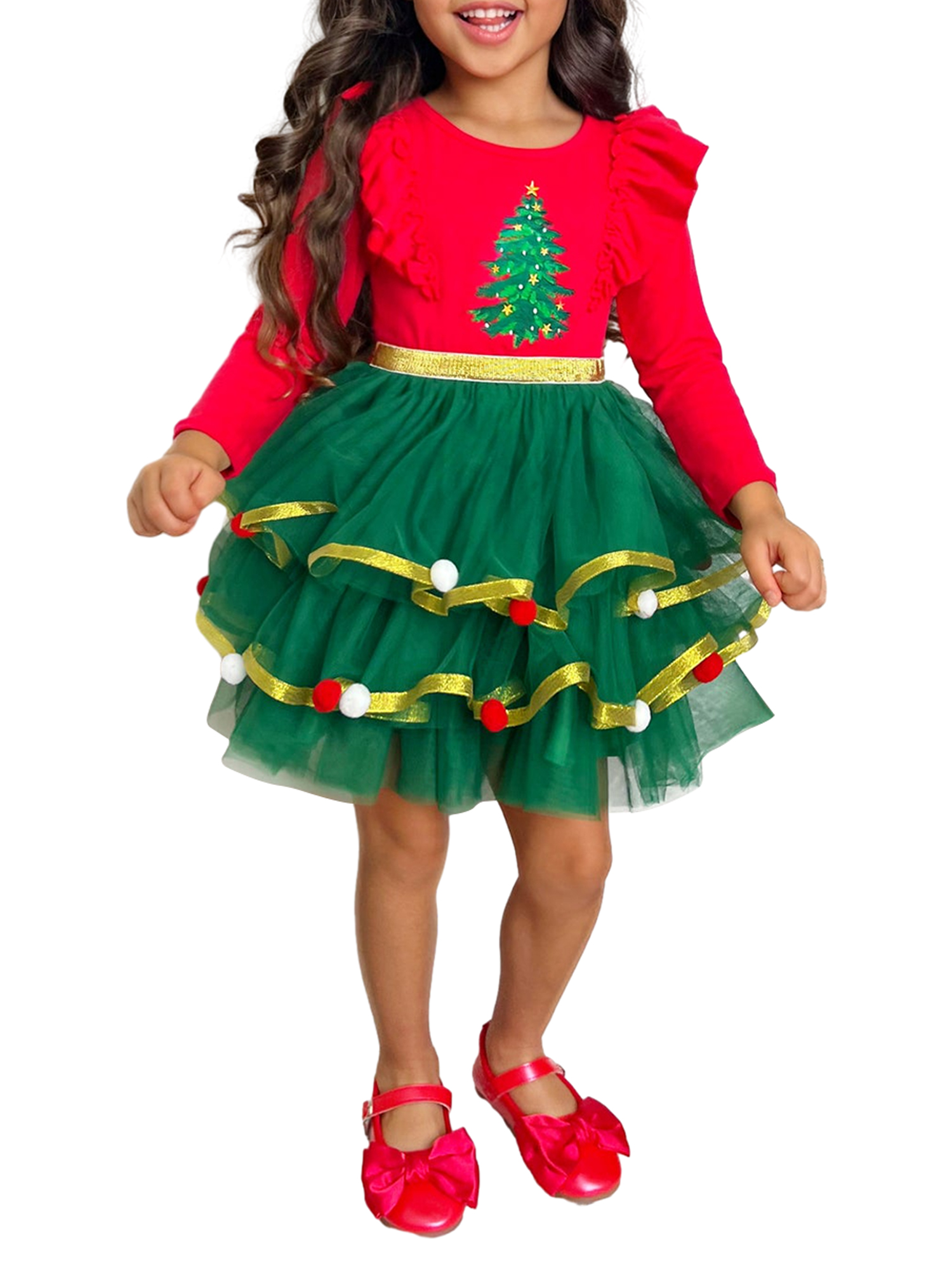 Sunisery Little Girl Christmas Tree Costumes Crew Neck Ruffled Long Sleeve Snowman Tutu Princess
