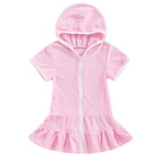 Sunisery Little Girl Swim Cover Ups Terry Zip Up Beach Swimsuit Hooded Dress with Pocket