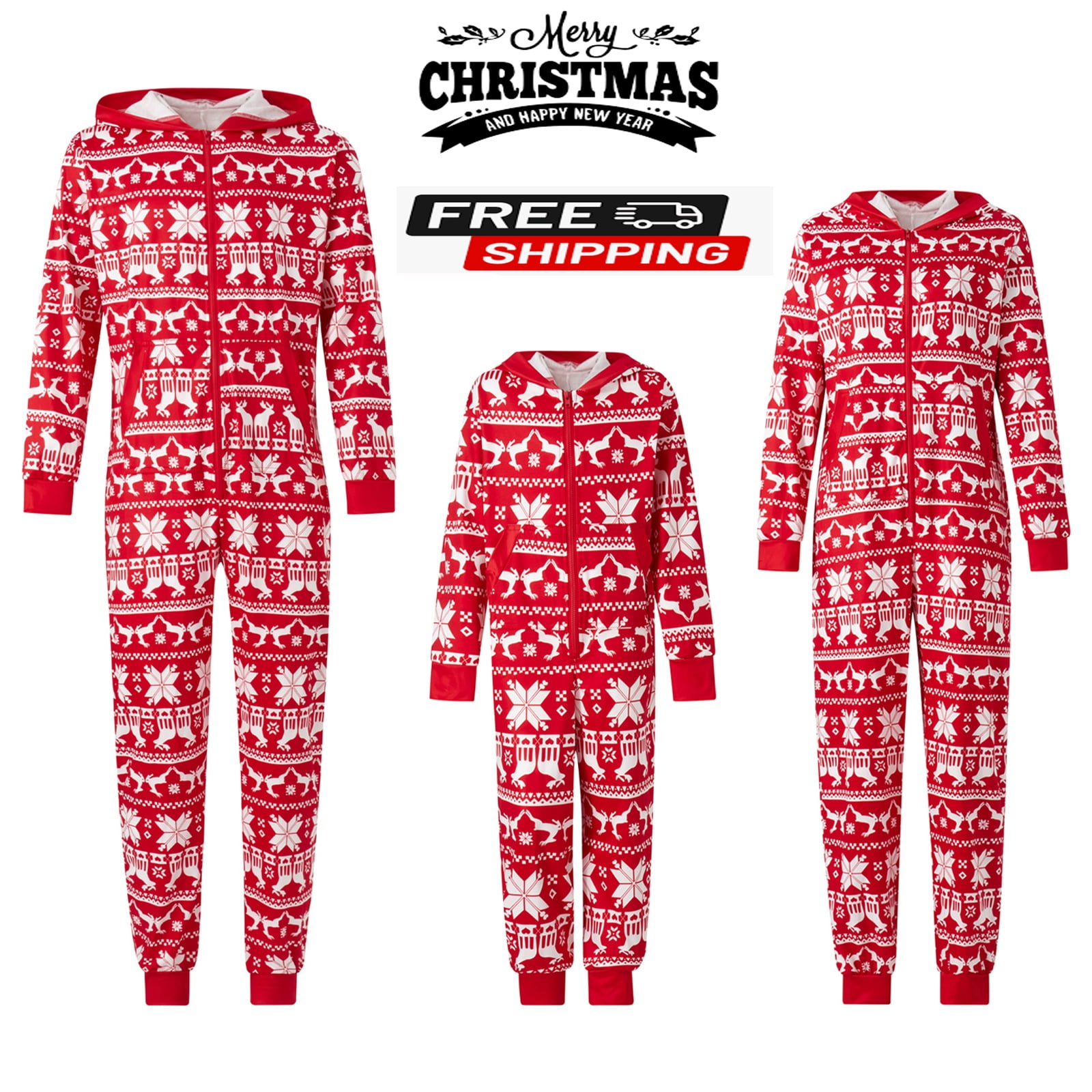 Sunisery Matching Family Christmas Onesies Pajamas Sets Snowflake Deer Hooded Romper PJ's Zipper 