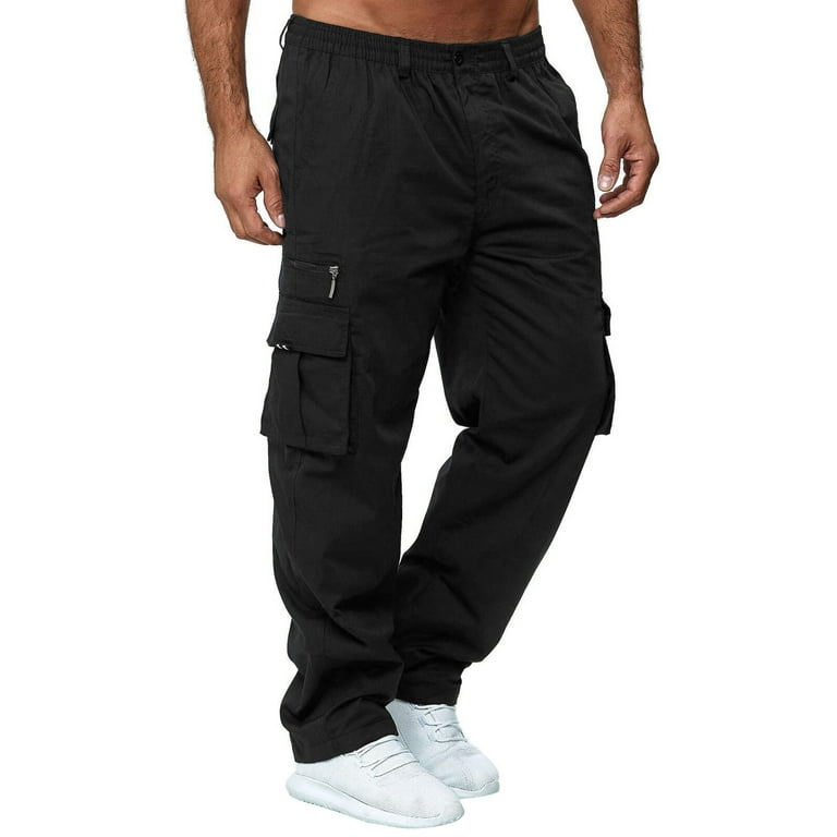 Sunisery Men Straight Pants Middle Waist Loose Slimming Side Pockets Casual  Party Sports Cargo Pants Black L