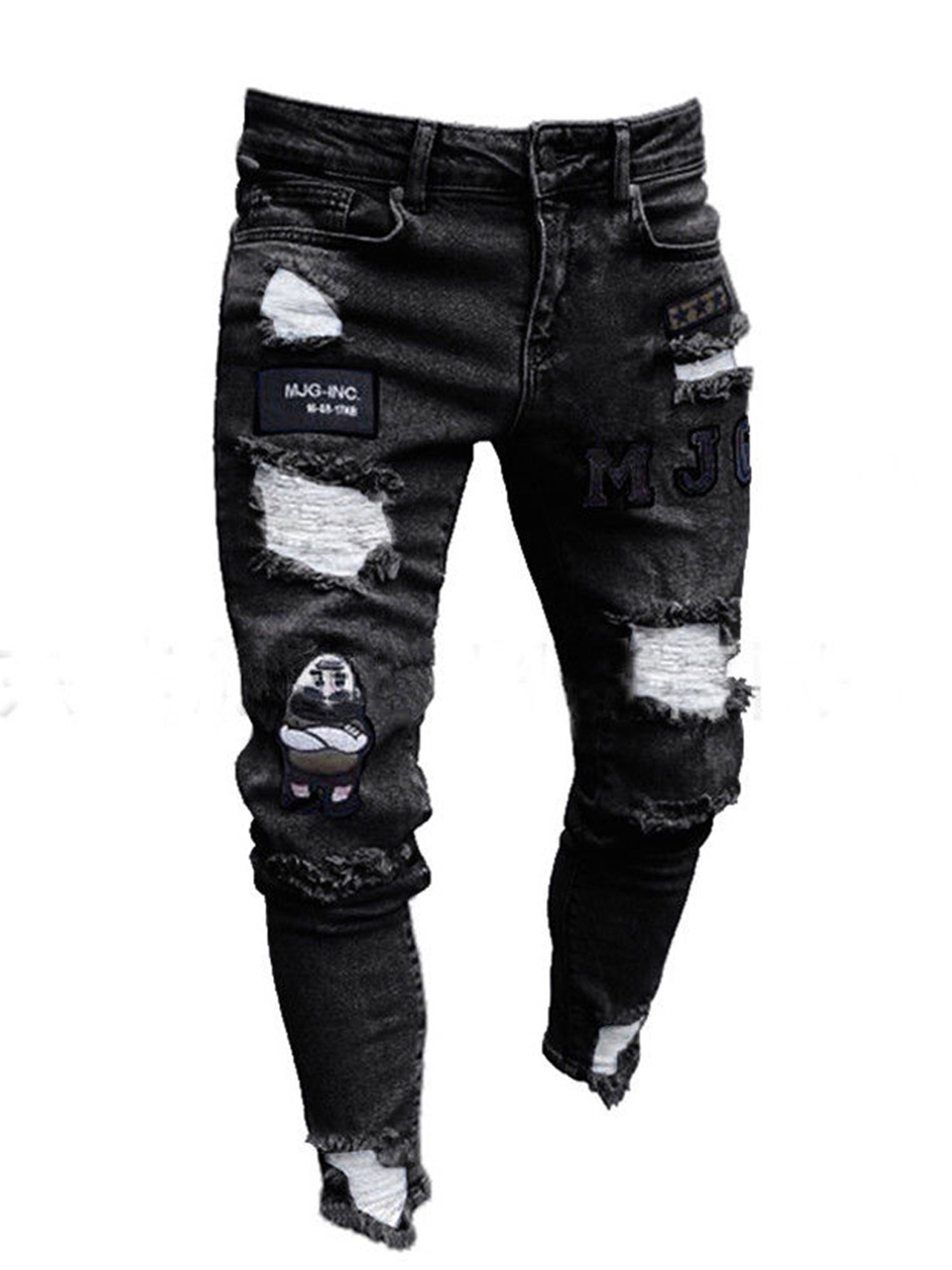 パンツ black all damage denim pants(mmoption) Sunisery Men Stretchy Ripped Skinny Biker Hip Hop Jeans