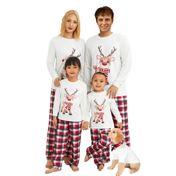 Sunisery Merry Christmas Family Matching Pajamas Sets Plaid Deer Print Holiday Xmas Pjs Sleepwear For Family Adults Kids