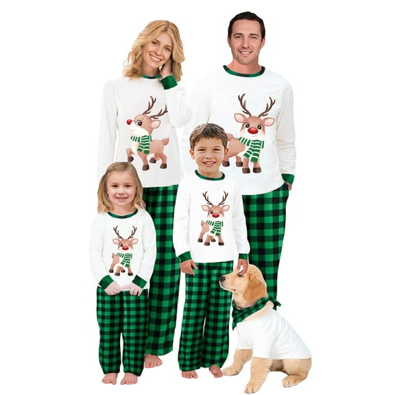 Sunisery Merry Christmas Family Matching Pajamas Sets Plaid Deer Print Holiday Xmas Pjs Sleepwear For Family Adults Kids