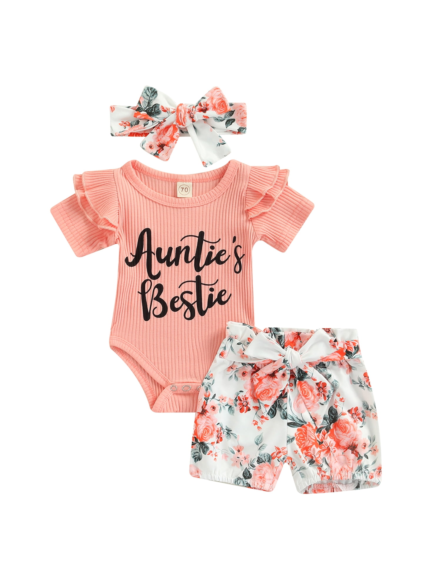 Sunisery Newborn Baby Girl Auntie Clothes Set Ribbed Short Sleeve