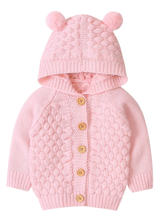 Newborn Baby Girls Boys Knit Cardigan Ear Hooded Sweater, Infant Button-Down Cotton Outwear