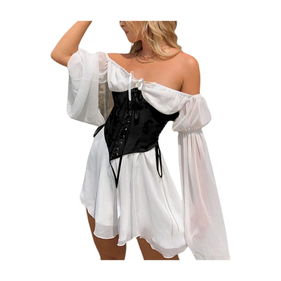 Sunisery Off Shoulder Mesh Renaissance Dress Women Short Dress Irregular Adjustable Lace Up Long Puff Sleeve Swing Dress With Bustier