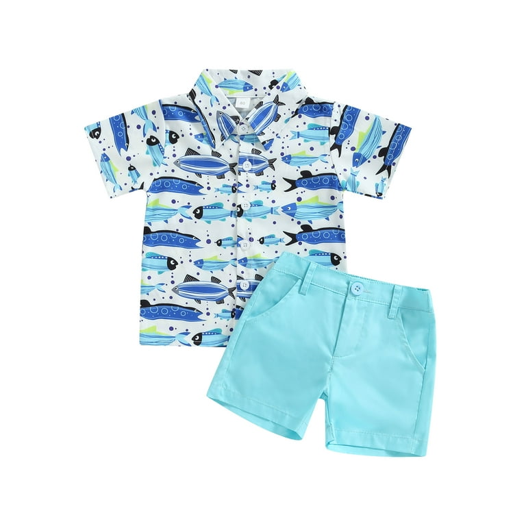 Sunisery Toddler Baby Boys Summer Outfits Fish Print Short Sleeve Button  Down Shirt Tops and Shorts 2Pcs Sets Blue 3-4 Years