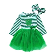 Sunisery Toddler Baby Girls St Patricks Day Outfits Shamrock Dress Striped Mesh Tutu Skirts with Headband