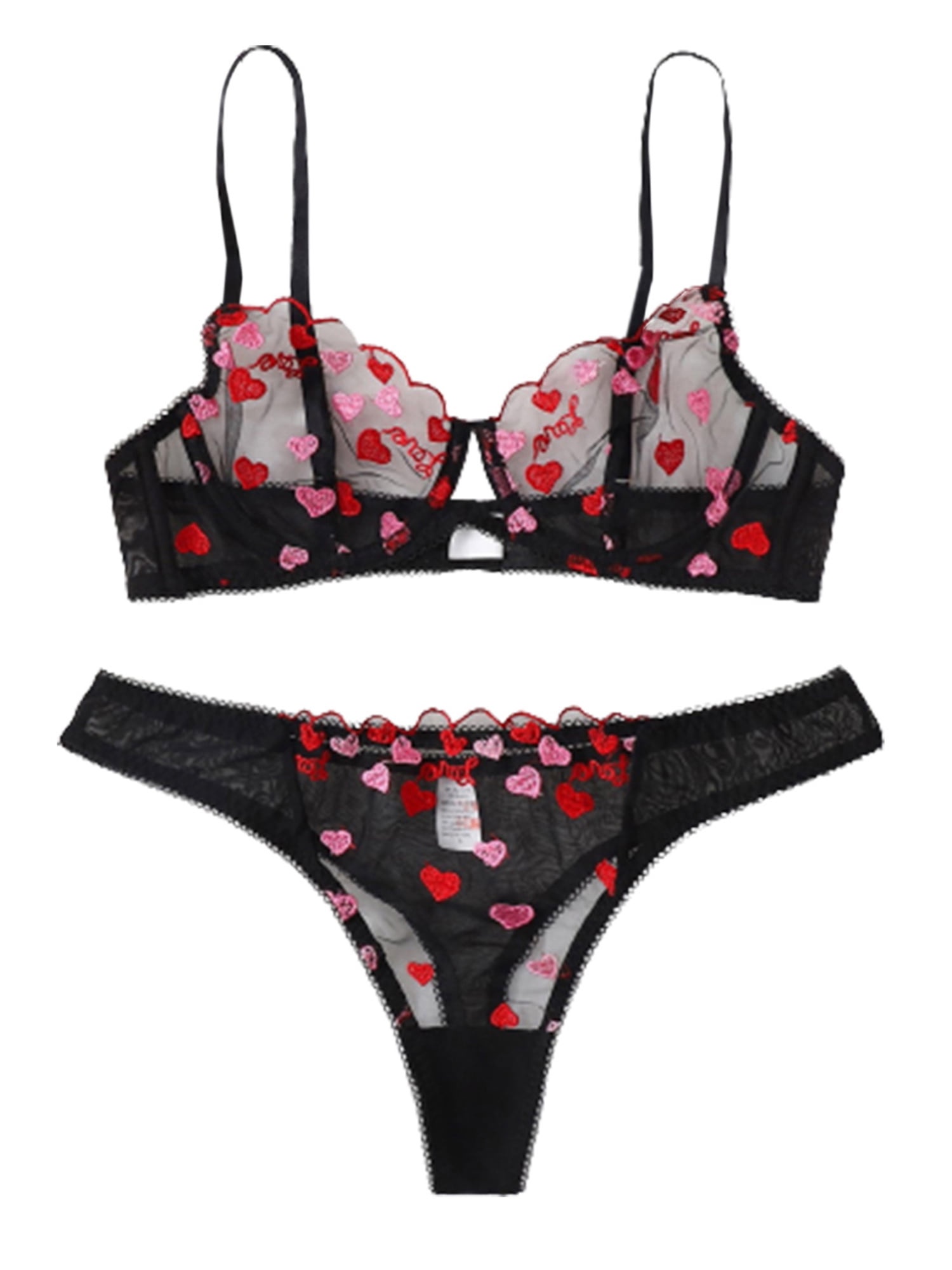Sunisery Valentines Day sexy lingerie for women, Heart Embroidery Mesh Perspective  Bra Tops and Panty Set 