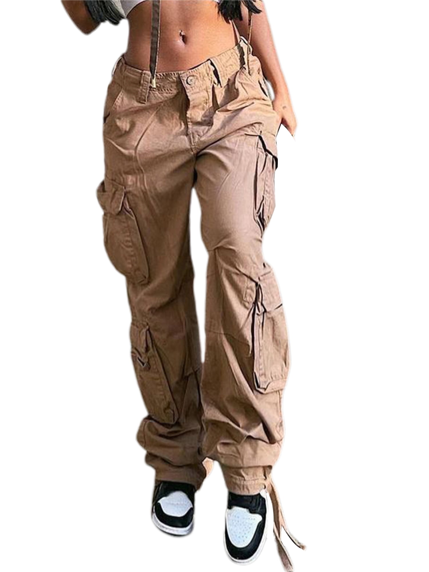 High Waisted Baggy Carrot Trousers Cargo Pants with Chains, S / Khaki