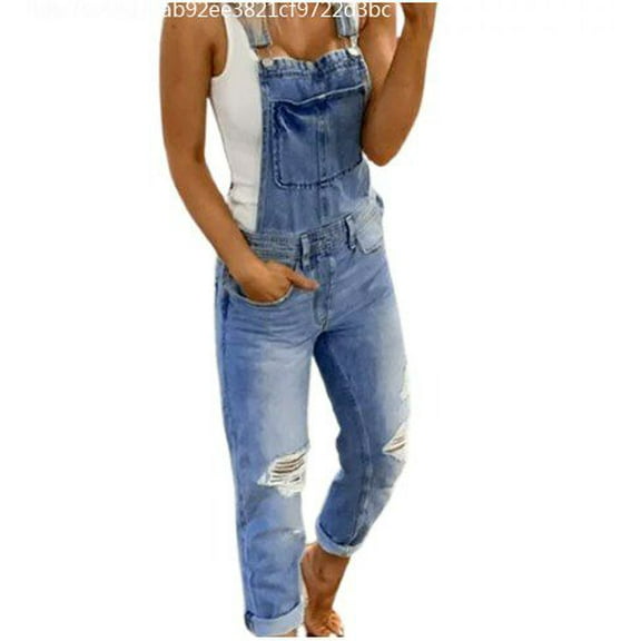 Sunisery Women Casual Stretch Adjustable Denim Bib Pants Baggy Overall Plus Size Wide Leg Jeans Jumpsuits
