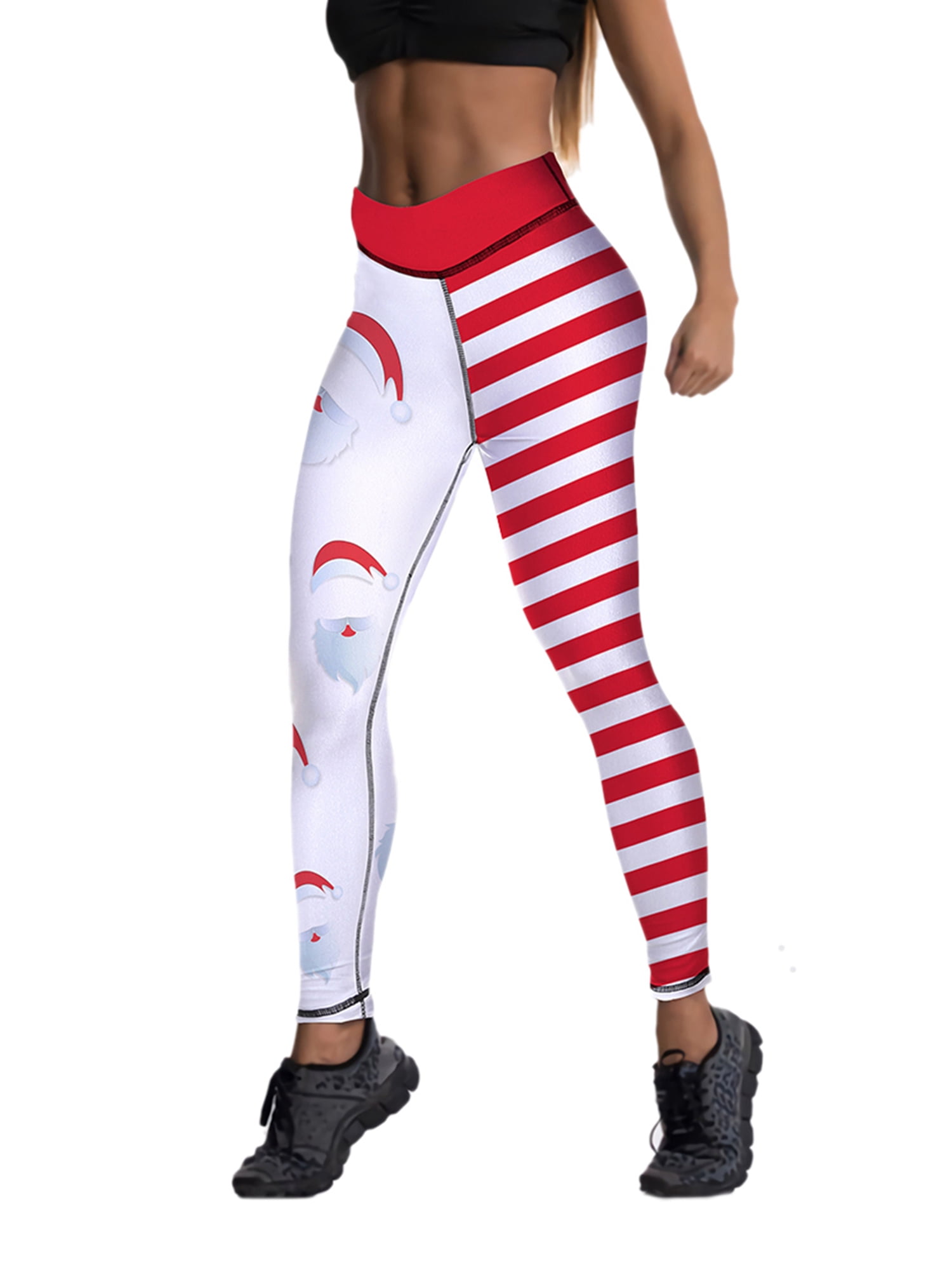 Sunisery Women Christmas Leggings Pants Ugly Santa Claus Stripes Print High  Waist Skinny Workout Athletic Yoga Pants