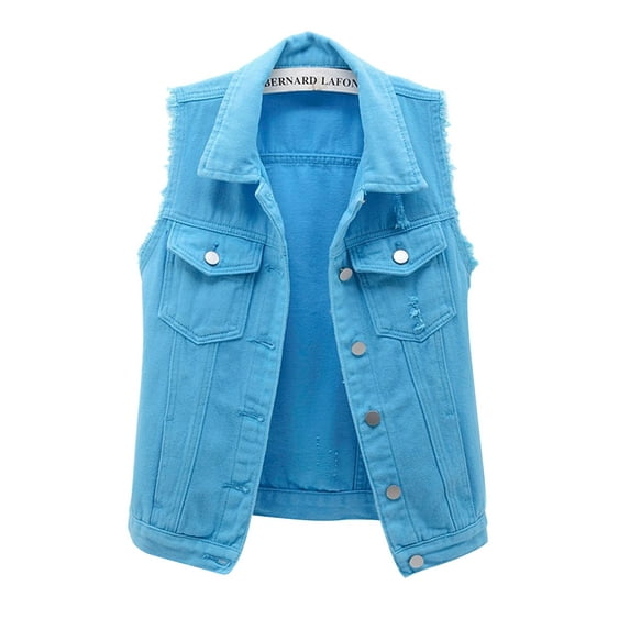 Sunisery Women Classic Washed Denim Vest Sleeveless Candy Solid Color Button Down Jean Jacket Plus Size S-5XL