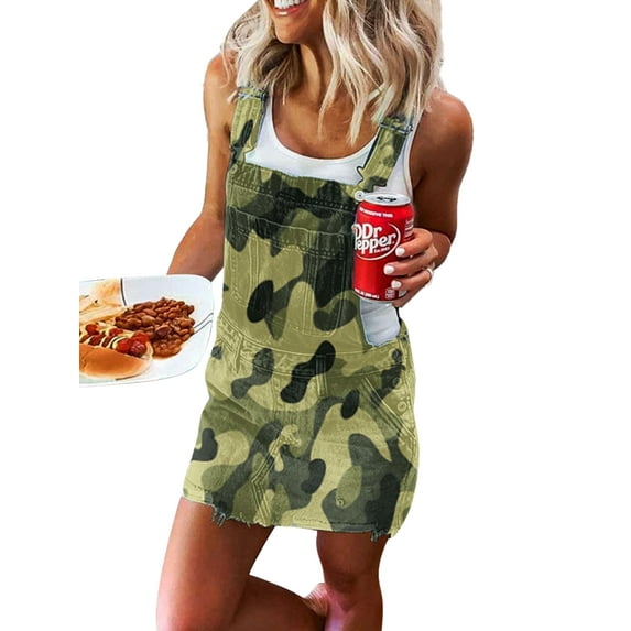 Sunisery Women Denim Strap Dress Bib Adjustable Straps Overall Dress Camouflage Denim Short Dress with Pocket