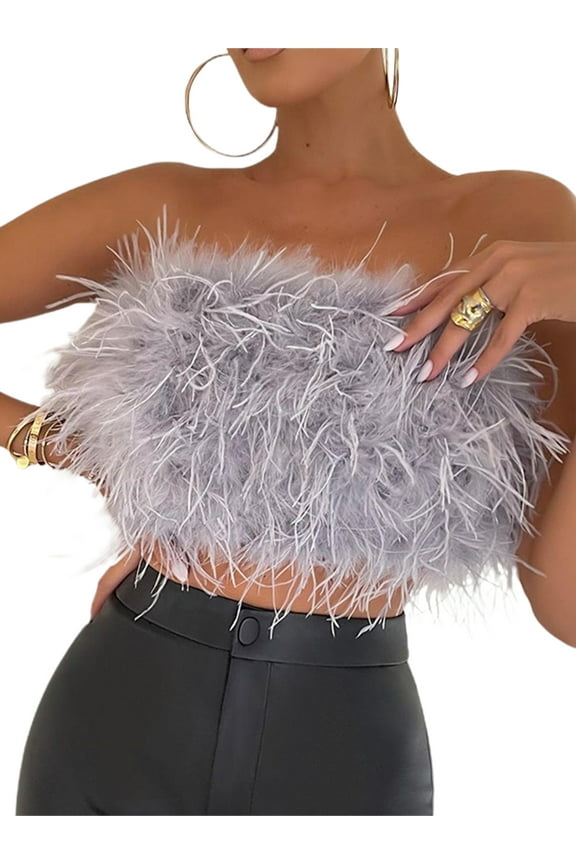 Women Feather Cami Tube Faux Fur Sleeveless Crop Top Girls Fairycore Mini Vest Shirt Party Streetwear