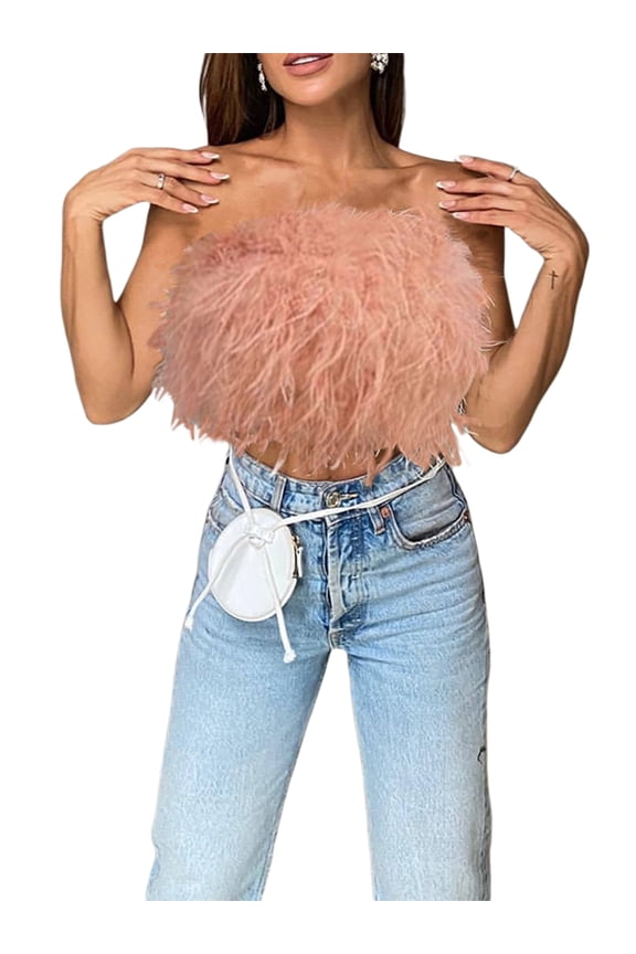 Women Feather Cami Tube Faux Fur Sleeveless Crop Top Girls Fairycore Mini Vest Shirt Party Streetwear