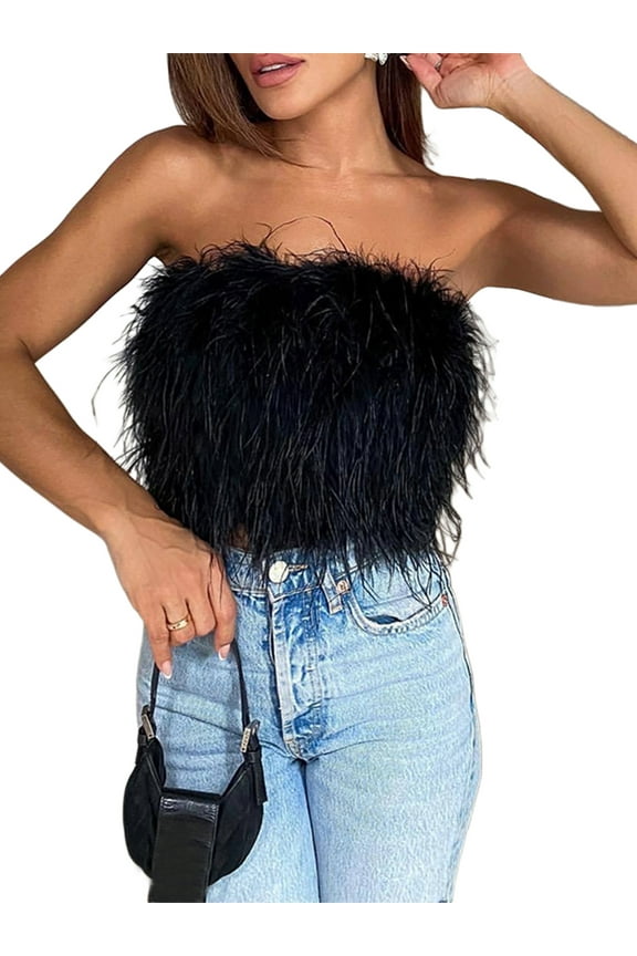 Women Feather Cami Tube Faux Fur Sleeveless Crop Top Girls Fairycore Mini Vest Shirt Party Streetwear