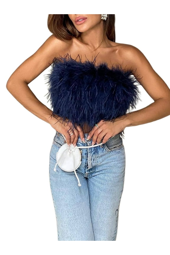 Women Feather Cami Tube Faux Fur Sleeveless Crop Top Girls Fairycore Mini Vest Shirt Party Streetwear