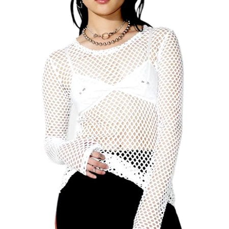Sunisery Women Fishnet Sheer T-Shirts Blouse Top Gothic Long Sleeve See Through Mesh Shirt Casual Clubwear Summer Tops