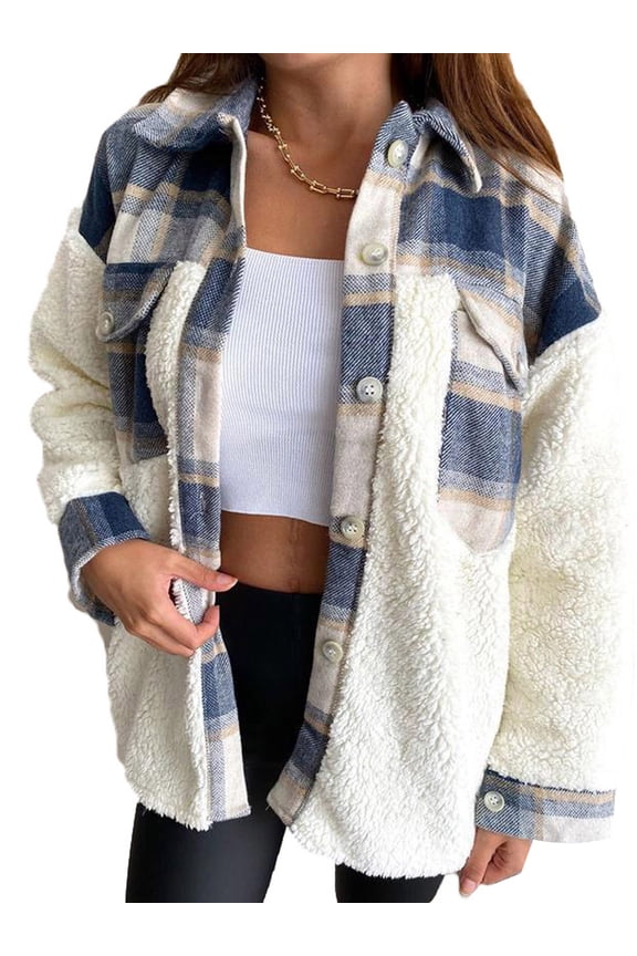 Women Fuzzy Sherpa Fleece Jacket Button Collar Plaid Plush Patchwork Shirt Tops Coat with Pockets