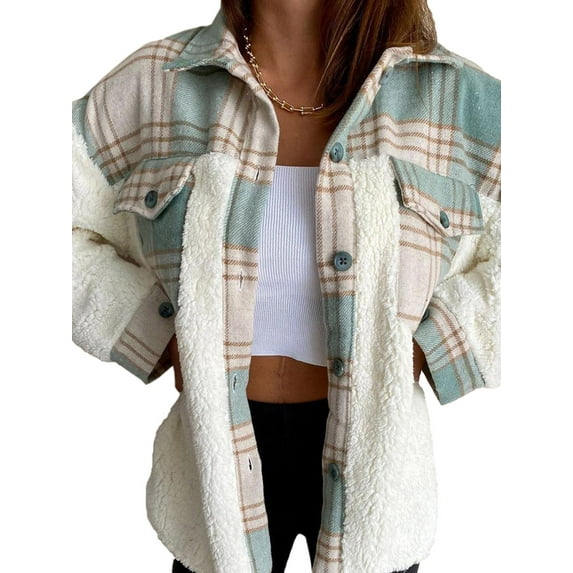 Sunisery Women Fuzzy Sherpa Fleece Jacket Button Collar Plaid Plush Patchwork Shirt Tops Coat with Pockets
