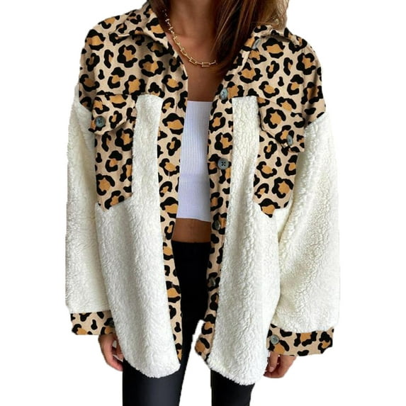 Sunisery Women Fuzzy Sherpa Fleece Jacket Button Collar Plaid Plush Patchwork Shirt Tops Coat with Pockets
