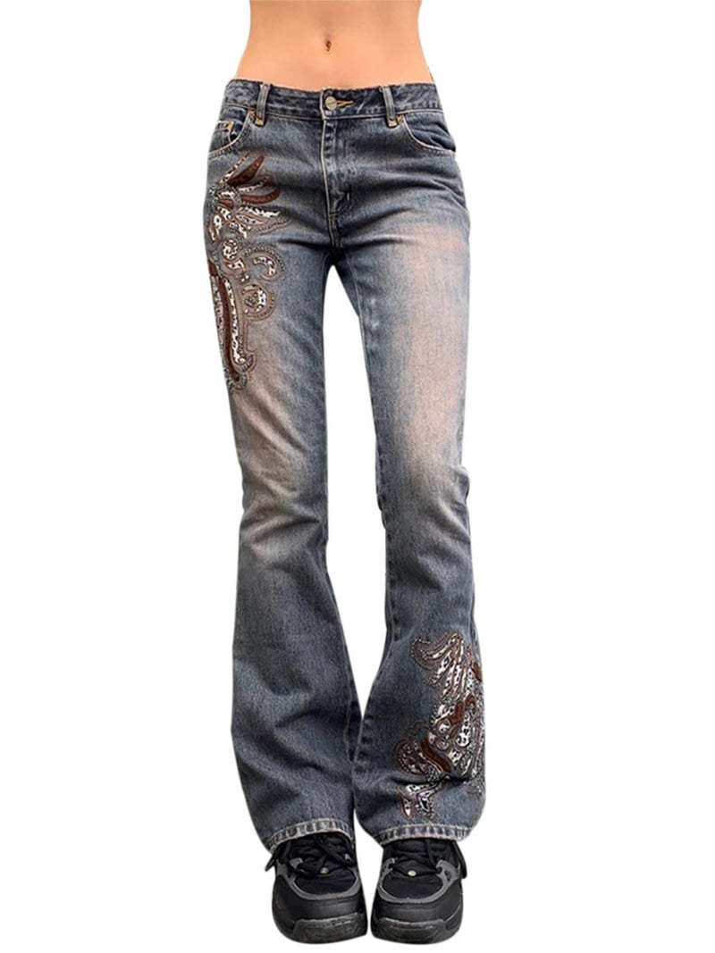 Sunisery Women Goth Low Waist Trousers Baggy Wide Leg Denim