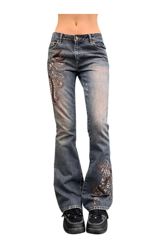 Women Goth Low Waist Trousers Baggy Wide Leg Denim Jeans E-Girl Y2k Punk Grunge Style Streetwear