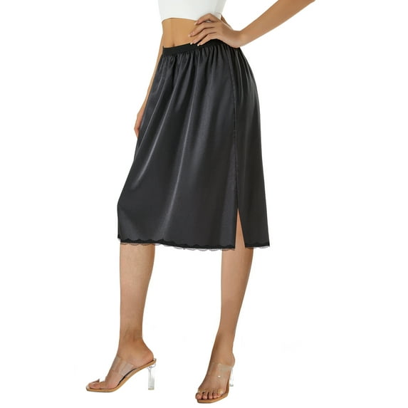 Sunisery Women Half Slips Elastic Waist Solid Color Satin Underskirt Lace Trim Skirt for Under Dresses