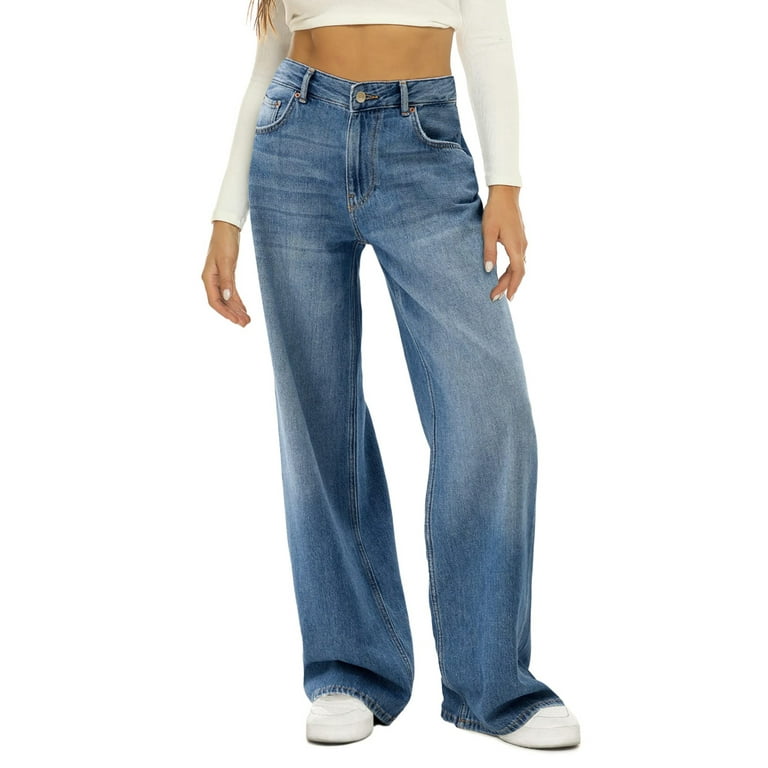 Casual Street Solid Pocket High Waist Loose Denim Jeans Casual Street Solid Pocket High Waist Loose Denim Jeans