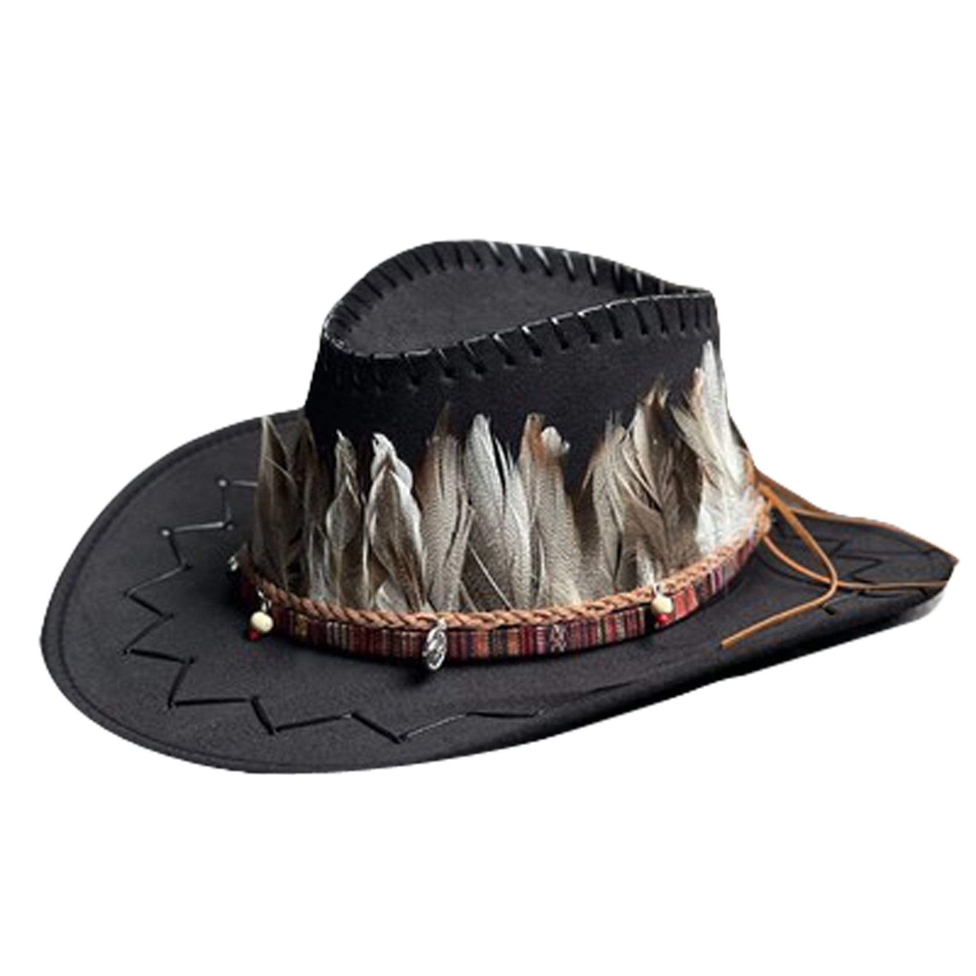 Sunisery Women Men Vintage Western Cowboy Hats Retro Feather Fedora Felt  Wide Brim Hat Hiking Rave Party Travel Costume Accessory 