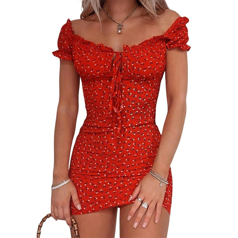 Sunisery Women Off Shoulder Bodycon Dress Short Sleeve Floral