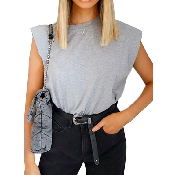 Sunisery Women Padded Shoulder T-Shirts Sleeveless Crewneck Vest Cotton Tank Top