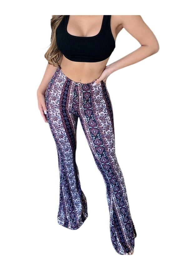 Women Plus Size Flare Leggings Boho Style Slimming Straight Retro Floral Print Comfy Yoga Trousers Leggings