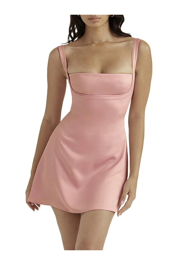 Women Satin Mini Dress Spaghetti Strap Square Neck Low-Cut Sling Bodycon Dresses Backless Party Club Cami Dress
