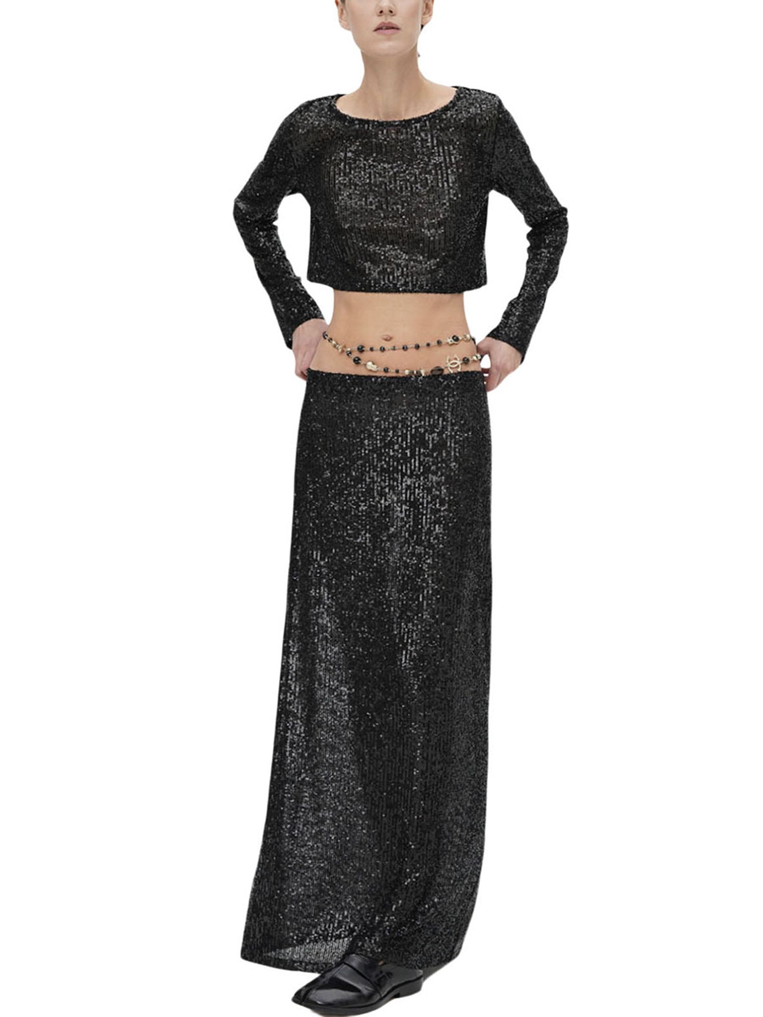 High Waist Shiny Sequin Midi Party Skirt main image 0