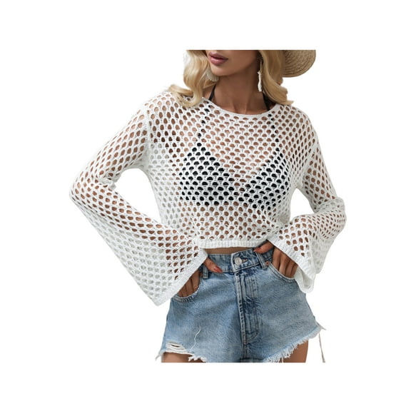 Sunisery Women Sexy Crochet Hollow Out Crop Top Mesh See-Through Long Sleeve Shirt Knitted Pullover Cover Up Tee
