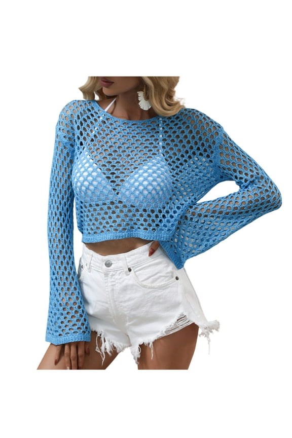 Women Sexy Crochet Hollow Out Crop Top Mesh See-Through Long Sleeve Shirt Knitted Pullover Cover Up Tee