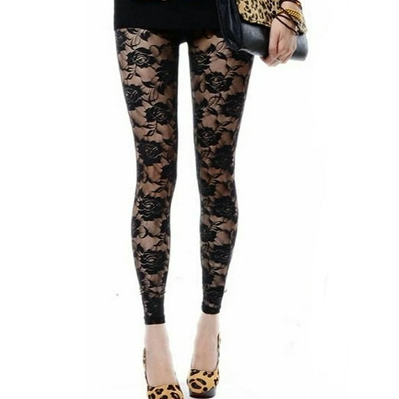 Sunisery Women Sexy Lace Rose Pattern See Through Footless Tights Leggings Pantyhose Stockings