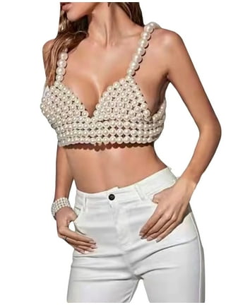 Women Sexy Pearls Beaded Top Pearl Crop Top Spaghetti Strap Bra Cover up  Top Tank Top Party Jewelry Tank Cami Clubwear