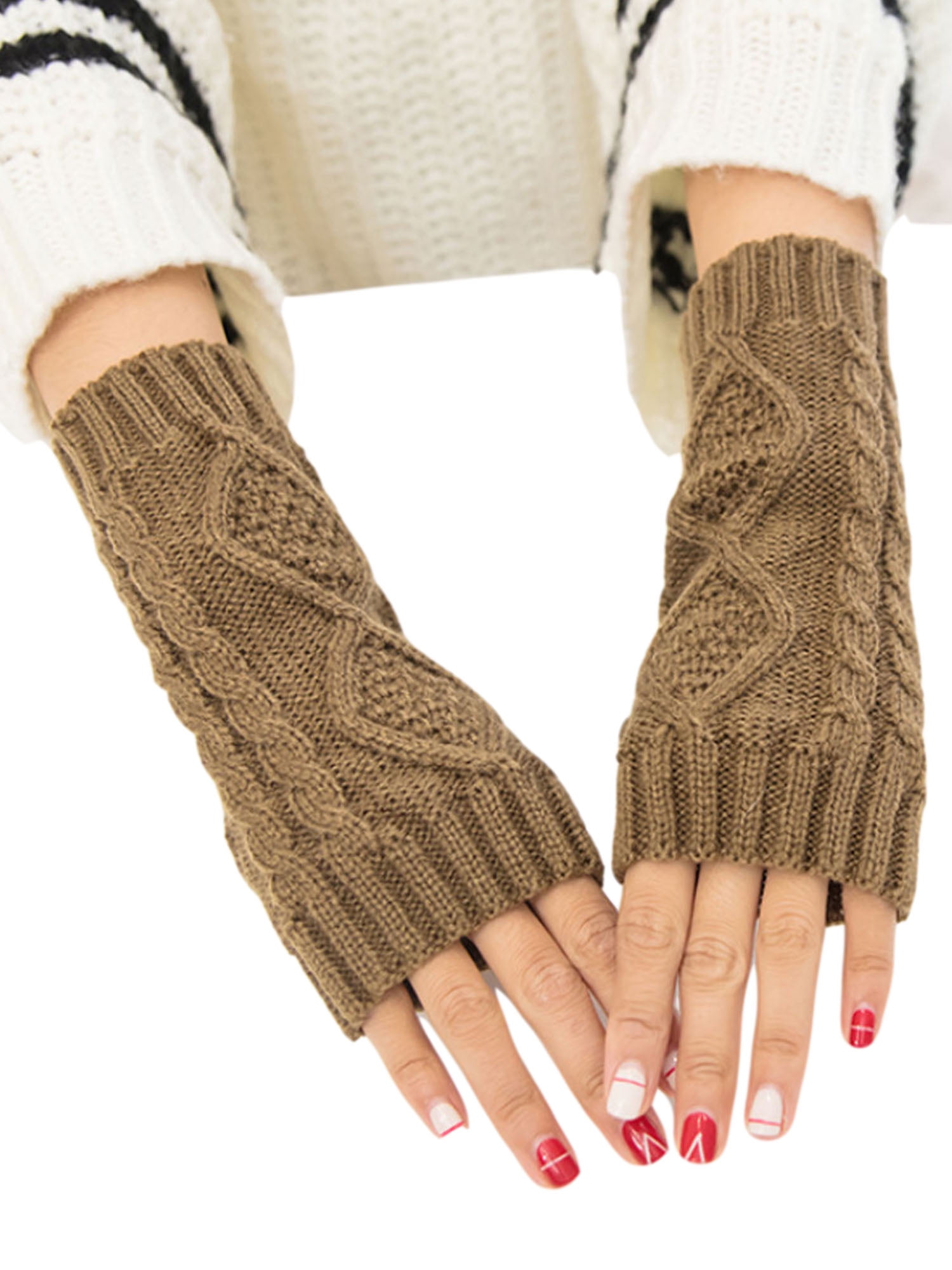 Women Knitted Long Half Finger Fingerless Gloves Wrist Arm Hand Warmer  Mittens