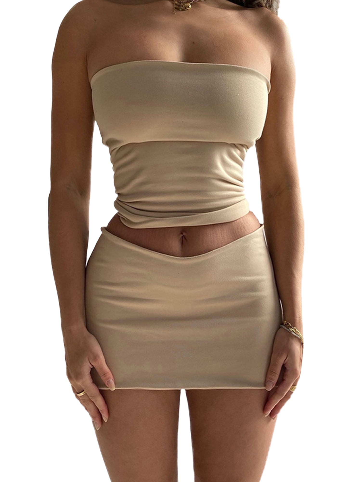 Sunisery Women Strapless Tube Crop Top + Wrap Bodycon Mini Skirt