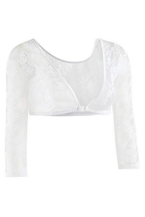 Women Summer Sexy Blouse, Lace Sheer Deep V-Neck Long Sleeves Crop Top