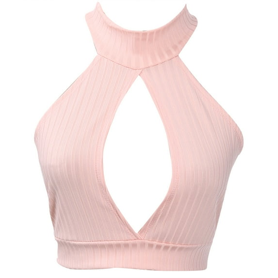 Sunisery Women Summer Sleeveless Solid Color Hollow Out Turtleneck Crop Tops