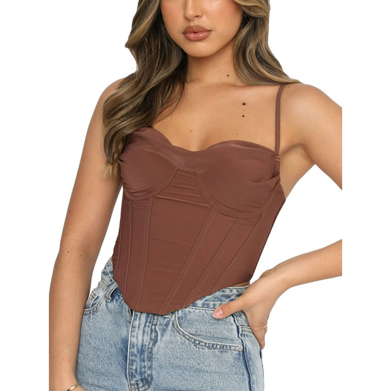 Sunisery Women Summer Vest Solid Zipper Backless Strappy Corset Crop Tops  Casual Streetwear Slim Camisoles Brown S 