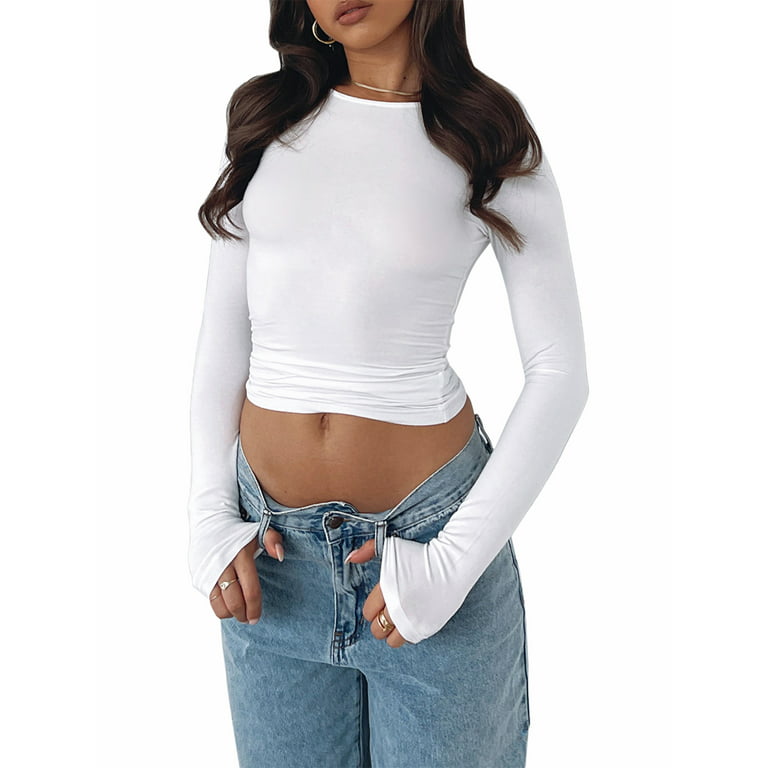 Sunisery Women Tight Long Sleeve Shirt Casual Slim Fit Ruched Crinkle Crop  Tops Solid Scoop Neck Pullover Tight T-Shirts