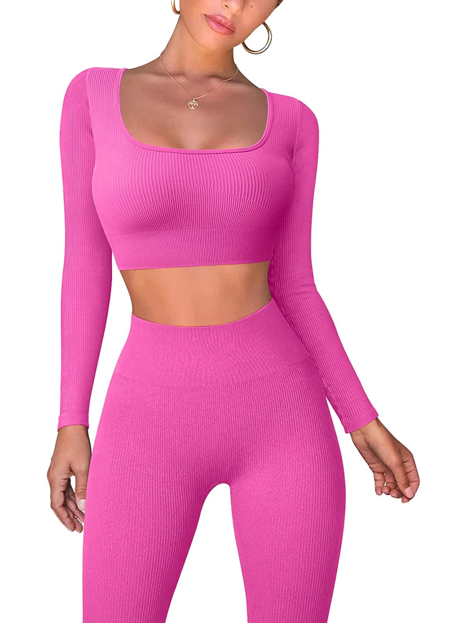 Women Sexy 2PC Off-Shoulder Low Cut Crop Pink Blue Top Shirt Leggings Outfit  Set
