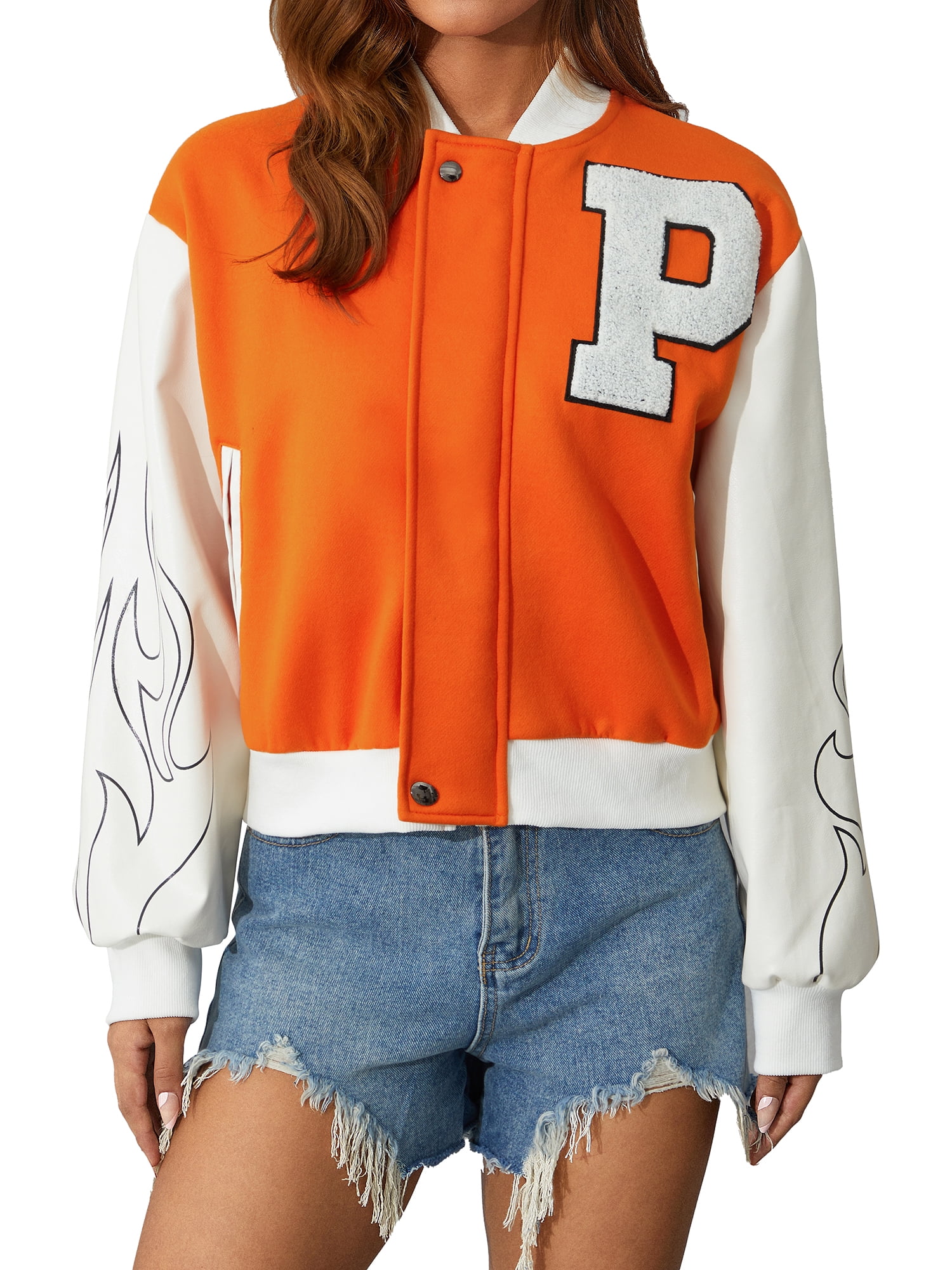 Sunisery Women Varsity Baseball Jackets Faux Leather Long Sleeve Zip Up  Cropped Bomber Jacket Coat Aesthetic Jackets Top Orange M 